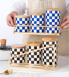 Storage Bottles Kitchen Container Checkerboard Sealed Jar Ceramic With Lid Candy Coffee Beans Tea Box Metal Rack