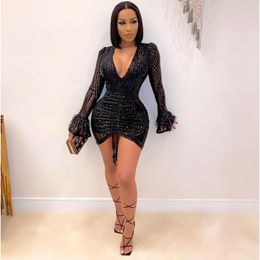 Casual Dresses Mesh Long Sleeve V Neck Mini With Sequin Women Summer Bodycon Dress For Evening Clubbing Birthday Party