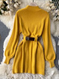 Casual Dresses Women Autumn Dress High-quality Solid Colour Temperament Half High-neck Knitted Retro Waist Long-sleeved Hip D1891