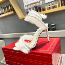 Fashion Stiletto High Heel Sandals Luxury Designer Satin Dress Shoes Crystal Diamond Wedding Party 9.5cm High Heels Sandal Leather Sole