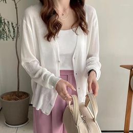 Women's Knits Spring Summer Autumn Ice Silk Knitted Shawl With Clothing V-neck Monochromatic Air Conditioning Unlined Upper Garment