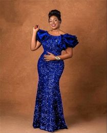 Royal Blue Scoop Neck Evening Dress For Black Girls 2023 Sparkly Sequined Birthday Party Dresses Ruffles Aso Ebi African Robe De Bal