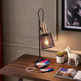 Table Lamps Industrial Retro Iron Metal Mesh Desk Wireless /USB Charging With Adjustable Switch Plug-in For Living Room Bedroom Office