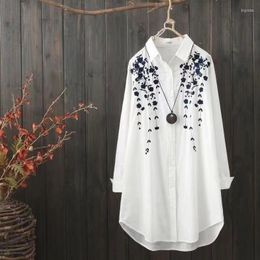 Women's Blouses Women White Shirt Cotton Casual Wear Button Up Turn Down Collar Long Sleeve Blouse Embroidery Feminina