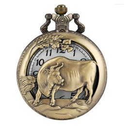 Pocket Watches Vintage Chinese Zodiac Cow Quartz Watch Half Pendant Necklace Fob Chain Antique Collection Clock Unisex