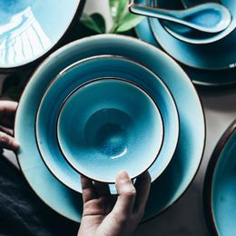 Bowls KINGLANG Japanese Ice Crack Glazed Lake Blue Color Tableware Household Rice Bowl Ceramic Fruit Salad