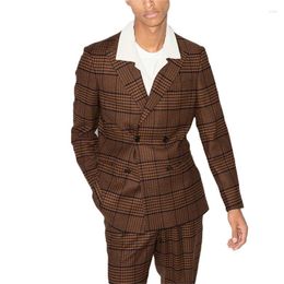 Men's Suits 2 Pieces Costume Homme Brown Men Plaid Custom Made Handsome Spring Casual Double Breasted Formal