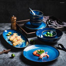 Plates Japanese Blue Kiln Ceramic Tableware American Retro Household Dishes Rice Bowl Main Course Restaurant Dinner Plate
