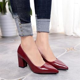 Dress Shoes 2023 Women Pumps Lady Patent Leather Thick With Autumn Pointed Black High Heels 7.5cm Single Female Sandals Big 43