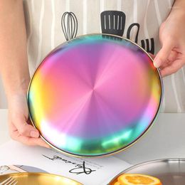 Plates Stainless Steel Round Dining Plate Steak Fruit Cake Colourful Orient Tray Easy Clear For Kitchen 1Pc Silver