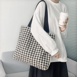 Evening Bags Large Capacity Tote Bag Women Canvas Vintage Shoulder Houndstooth Zipper Soft Handbag Shopping Korean Lady