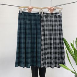 Skirts Autumn Plaid Cotton Blend Pleated Long Temperament Blue Green Khaki Check Elastic Waist Calf