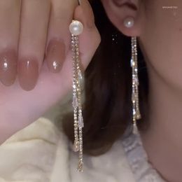 Dangle Earrings 2023 Pearl Long Inlaid Zircon Gold Colour Tassel Women's Personality Fashion Wedding Jewelry Birthday Gift