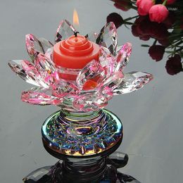 Candle Holders Colorful Crystal Lotus Flower Holder Buddhist Supplies Crafts Ornaments Figurines Home Wedding Party Candlestick