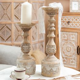 Candle Holders Resin Hand Carving Retro Antique Wood Pillar