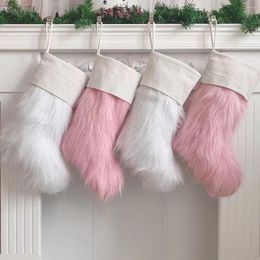 Christmas Decorations Stocking Pink White Fur Tree Ornaments Decor Gift Bags Year