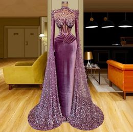 Graceful Velvet Purple evening Dresses with long Cape Sleeves Mermaid mirror Beaded Sequined high neck aso ebi prom Dress