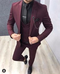 Men's Suits Colorful Burgundy Costume Homme Men Wedding Tuxedos For Groom Slim Fit Blazer Terno Masculino 3 Pieces Jacket Pant Vest