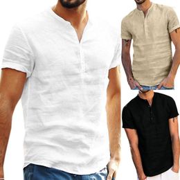 Men's Casual Shirts IMCUTE Men's Short Sleeve Cotton Linen Shirt Comfortable Breathable V-neck Button White Street Loose T-shirt