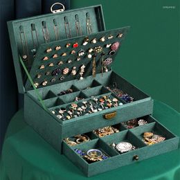 Jewellery Pouches Retro Multilayer Dark Green Box Flannel Earring Storage Case High Capacity Casket With Lock