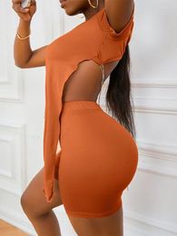 Women's Tracksuits Summer Women Sexy Irregular Backless Tops Shorts Suit Femme Slim Streetwear Patchwork Set Casual Orange Two Piece Suits