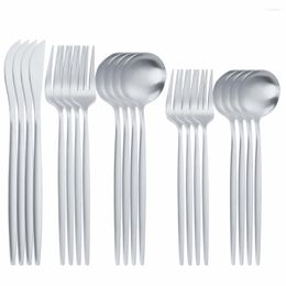 Flatware Sets 20Pcs Matte Silver Stainless Steel Cutlery Tableware Set Dinnerware Dinner Forks Knives Spoons Travel Silverware
