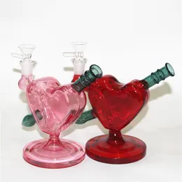 Red pink Love Heart Glass Bong Bubbler hookah Heady Oil Dab Rigs Percolator shisha smoking bubble water pipe dab rig 14mm joint