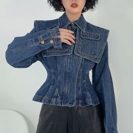 Women s Jackets Korean Chic Vintage design waist closed short denim jacket women Port style office lady wear jean coat navy leader woman 221231