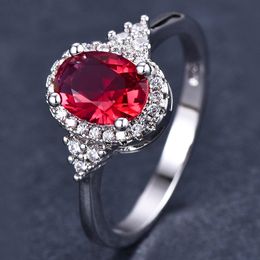 European and American style women imitation ruby ring girls round red crystal white gold platinum plated zircon diamond wedding ring party Jewellery adjustable