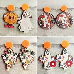 Dangle Earrings Halloween Fashion Jewellery Pumpkin Ghost Spider Wood For Women Girl Printed Retro Drop Party Accessories