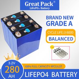 4pcs 3.2V 280Ah Brand New Grade A LiFePO4 Battery Cell Rechargeable Deep Cycle 100% Full Capacity Lithium Ion Solar Power Bank