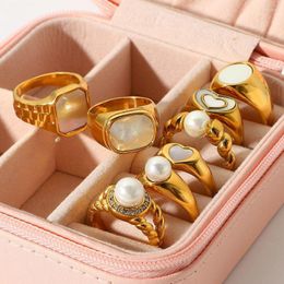 Cluster Rings Classic Stainless Steel Pearl Shell Band Women Finger Jewellery Square 18k Gold Plated Zircon Heart Engagement Gift