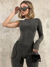 Women s Jumpsuits Rompers Kliou Denim Pencil Women Grey Fall Single Sleeve All In One Pockets Girl Hipster Skinny Side Spilt Jeans Style 221231