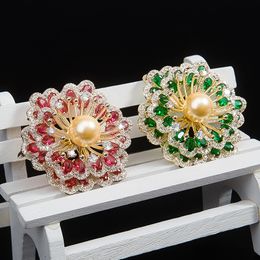 Classic Gold Pearl Brooch Double Layer Green Red Flower Brooches for Women Fashion Zircon Corsage Pin Clothing Jewellery