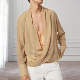 Men's Casual Shirts Men Shirt Loose Solid Color Chiffon Pullover Sexy Deep V Neck Autumn Top See-through Long Sleeves Spring For Club
