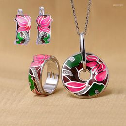 Necklace Earrings Set Drop Lotus Flower Enamel Silver Stud Pendant Ring Women 925 Wedding Jewellery Wholesale