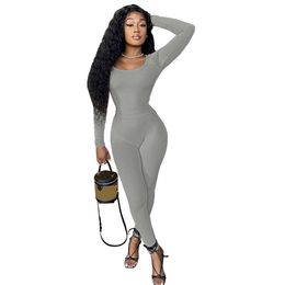 New Wholesale Ribbed Jumpsuits Women Bodycon Rompers Long Sleeve Solid Jumpsuits One Piece Outfits Skinny Overalls Fall Winter Clothes Casual Streetwear 8703