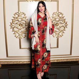 Ethnic Clothing Dubai Jalabiya Maxi Dress V NeckWomen Printed Fashion Muslim Arabic Morroco Kaftan Middle East Kuwait Loose Robe Pary Eid
