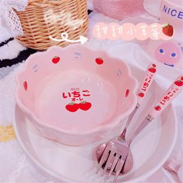 Bowls Lovely Strawberry Ceramic Bowl With Spoon Cutlery Fruit Salad Dessert Lace Breakfast Rice Tableware For Kids