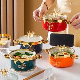 Bowls Ceramic Noodle Bowl With Crown Lid Glass Cover Gold Plating Pot Soup Dessert Nordic Dinnerware Office School Tableware