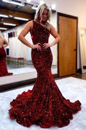 Sexy Glitter Burgundy Velvet Sequin Evening Dresses Mermaid Spaghetti Straps Long Prom Gowns Formal Party Events For Women