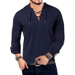 Men's T Shirts Fashion Hooded Tee Long Sleeve Cotton Henley T-Shirt Medieval Lace Up V Neck Outdoor Tops Loose Casual