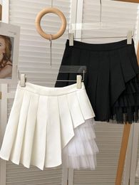 Skirts HOUZHOU Women Pleated Skirt Mesh Patchwork Kawaii Casual Mini White A-line Solid Preppy Style High Street Korean Fashion