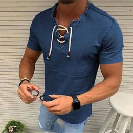 Men's T-Shirts Oversized Men Casual T-shirt V Neck Lace-up Tee Summer Denim Solid Colour Short Sleeve Slim Sports Tops 2022 T230103