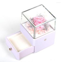 Jewelry Pouches Pink Acrylic Plasctic True Rose Decorations With LED Light Ring Earring Pendant Gift Box For Women Girl Wedding Birthday