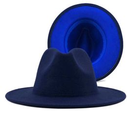 Stingy Unisex Outer Navy and Blue Inner Red Wool Felt Jazz Fedora Hats with Thin Belt Buckle Men Women Wide Brim Panama Trilby Cap L XL 0103