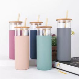 5 Colours 500ml Glass Tumbler Water Bottles 16oz Glass Cup Travel Water Bottle With Silicone Protective Sleeve Bamboo Lid & Straws New