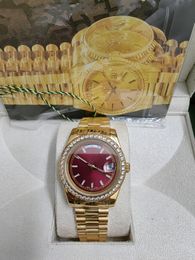 Original box certificate 18k Gold President Male Watches Day Date Diamonds red dial Watch Men Stainless Diamond Bezel Automatic WristWatch 2813