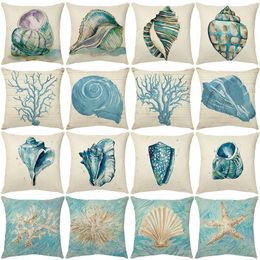 Pillow Summer Marine Style Cover 45X45cm Coral Conch Shell Decorative Linen Throw Sea Life Print Home Pillowcases