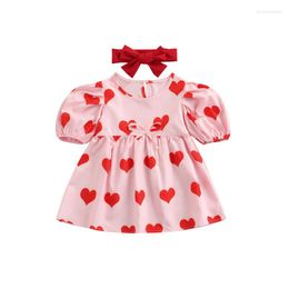 Girl Dresses Baby Girls Summer Dress With Bow Headband Outfit 1-5 Yeats 2Pcs Princess Heart Printed Short Puff Sleeve Crew Neck